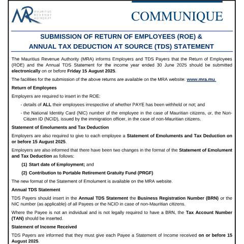Document preview: Submission of Return of Employees (ROE) &amp; Annual Tax Deduction at Source (TDS) Statement (06.08.25) — Form, Mauritius (CERFA n°Communique060825)