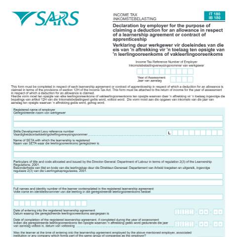 Document preview: IT180 – Declaration by Employer to Claim Deduction against Learnerships – External Form — PDF Forms, South Africa (CERFA n°IT180)