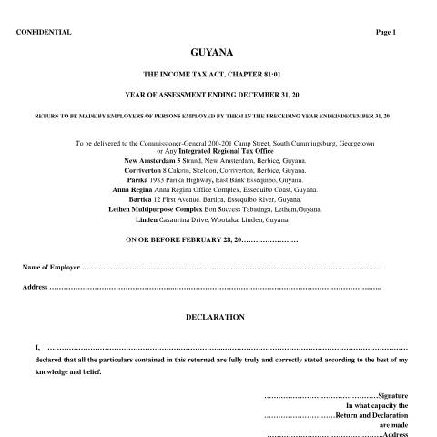 Document preview: Declaration Return madeBy Employers — Income Tax, Guyana