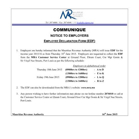 Document preview: Notice to Employers - EDF (16.06.15) — Document, Mauritius (CERFA n°EDF-NoticeEmployers160615)