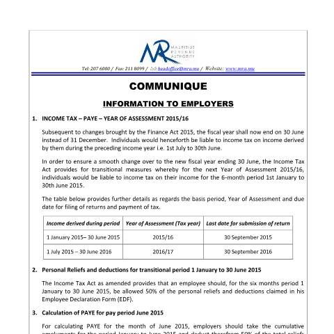 Document preview: Information to Employers : Year of Assessment 2015 / 2016 (25.05.15) — Document, Mauritius (CERFA n°Employers250515)