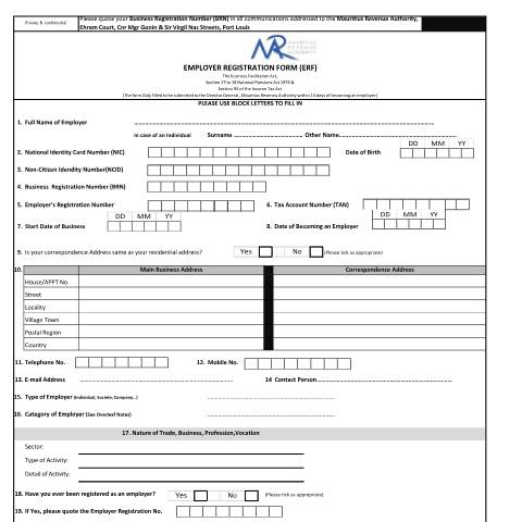 Document preview: Employer Registration Form — Form, Mauritius (CERFA n°ERF)