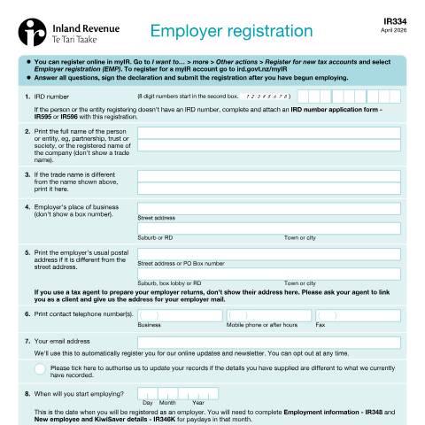 Document preview: Employer registration — Employing staff, New Zealand (CERFA n°IR334)