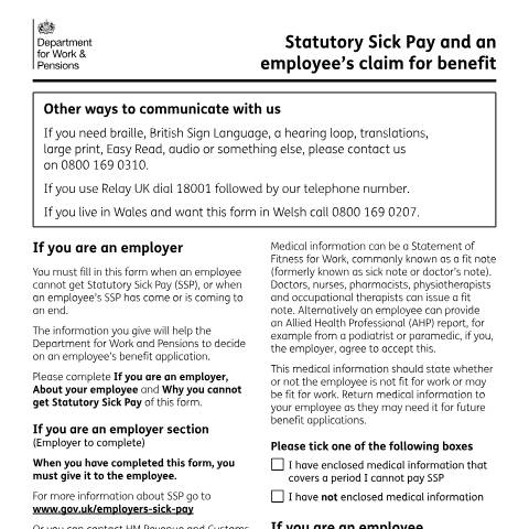 Document preview: Employer form SSP1: Statutory Sick Pay and an employee's claim for benefit — Department for Work and Pensions, United Kingdom