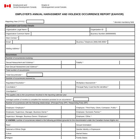 Document preview: EMPLOYER'S ANNUAL HARASSMENT AND VIOLENCE OCCURRENCE REPORT (EAHVOR) — Labour, Canada (CERFA n°LAB1206)