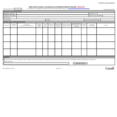 Document preview: EMPLOYER'S ANNUAL HAZARDOUS OCCURRENCE REPORT (EAHOR) - REGULAR — Labour, Canada (CERFA n°LAB1009)