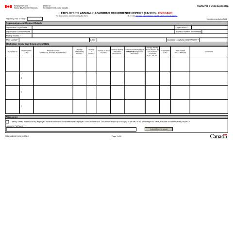 Document preview: EMPLOYER’S ANNUAL HAZARDOUS OCCURRENCE REPORT (EAHOR) - ONBOARD — Labour, Canada (CERFA n°LAB1195)
