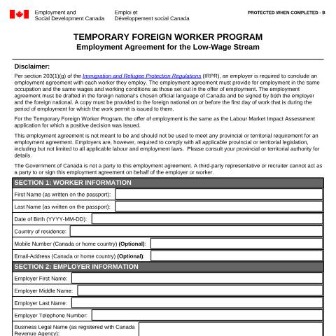 Document preview: Employment Agreement for the Low-Wage Stream — Foreign Worker Program, Canada (CERFA n°EMP5712)