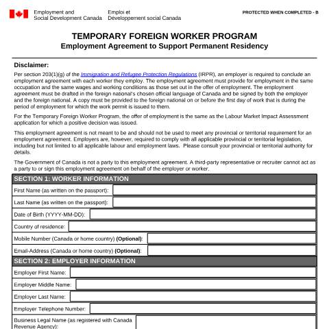 Document preview: Employment Agreement to Support Permanent Residency — Foreign Worker Program, Canada (CERFA n°EMP5714)
