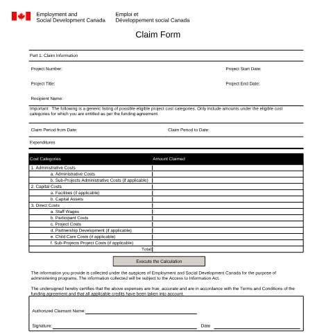 Document preview: Claim Form — Employment and Social Development Canada, Canada (CERFA n°EMP5539)