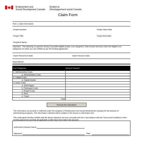 Document preview: Claim Form — Employment and Social Development Canada, Canada (CERFA n°EMP5540)