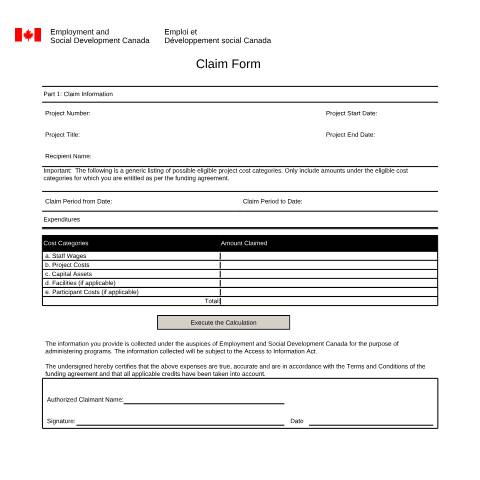 Document preview: Claim Form — Employment and Social Development Canada, Canada (CERFA n°EMP5541)