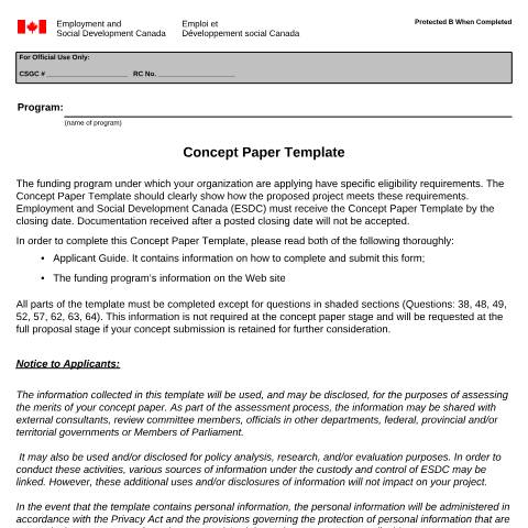 Document preview: Concept Paper Template — Employment and Social Development Canada, Canada (CERFA n°EMP5571)