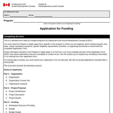 Document preview: Application for Funding — Employment and Social Development Canada, Canada (CERFA n°EMP5523)