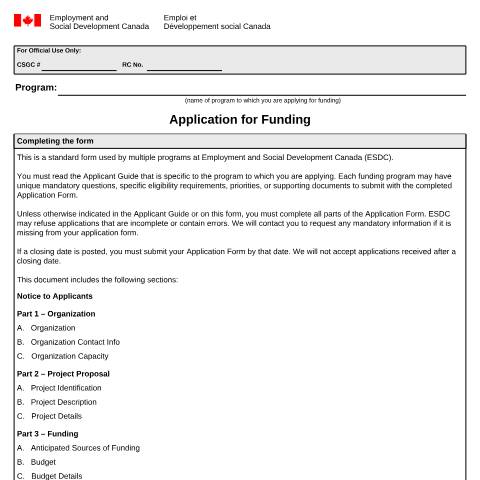 Document preview: Application for Funding — Employment and Social Development Canada, Canada (CERFA n°EMP5682)