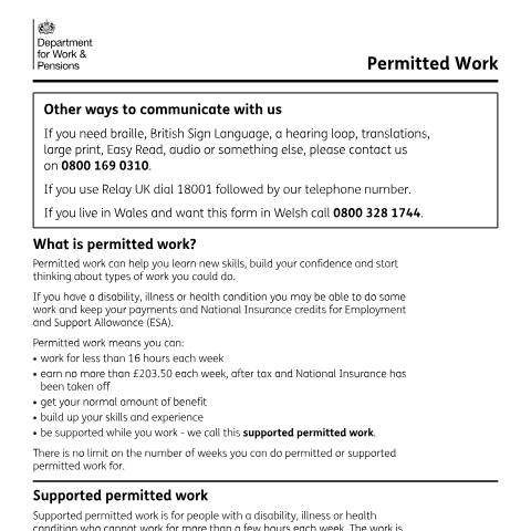 Document preview: Employment and Support Allowance: permitted work form — Department for Work and Pensions, United Kingdom