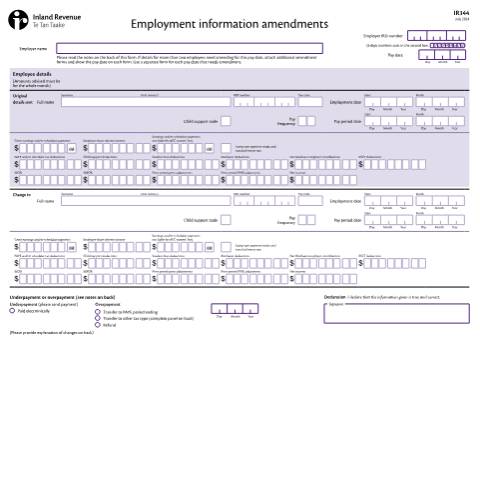 Document preview: Employment information amendments — Employing staff, New Zealand (CERFA n°IR344)