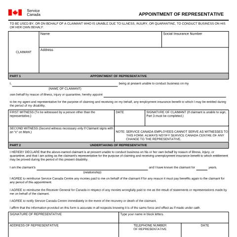 Document preview: Appointment of Representative — Employment Insurance, Canada (CERFA n°INS3280)