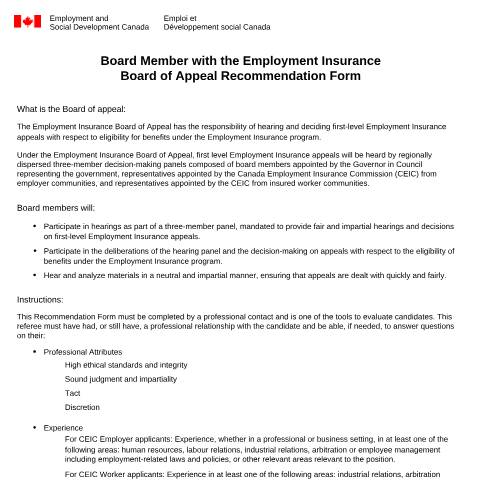 Document preview: Board Member with the Employment Insurance Board of Appeal Recommendation Form — Employment and Social Development Canada, Canada (CERFA n°BOA5098)