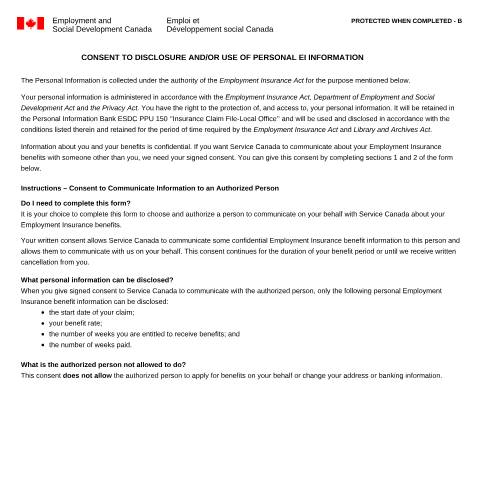 Document preview: Consent to Disclosure and/or Use of Personal Information — Employment Insurance, Canada (CERFA n°INS3124)