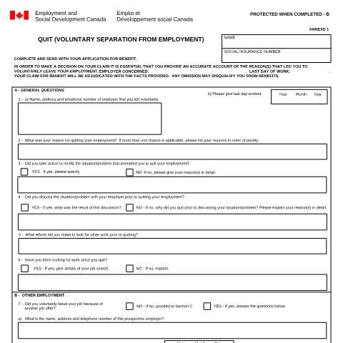 Document preview: Quit (Voluntary separation from employment) — Employment Insurance, Canada (CERFA n°INS5109)