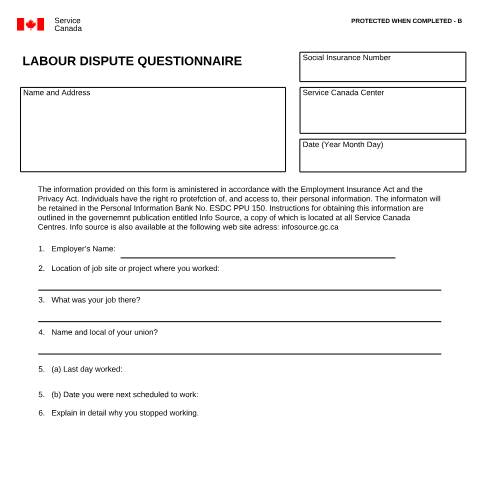 Document preview: LABOUR DISPUTE QUESTIONNAIRE — Employment Insurance, Canada (CERFA n°INS5248)