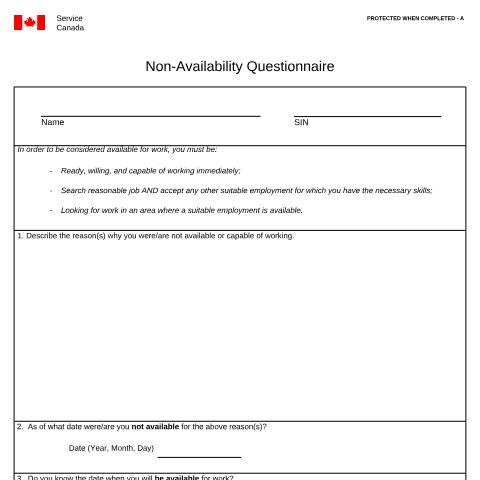 Document preview: Non-Availability Questionnaire — Employment Insurance, Canada (CERFA n°INS5237)