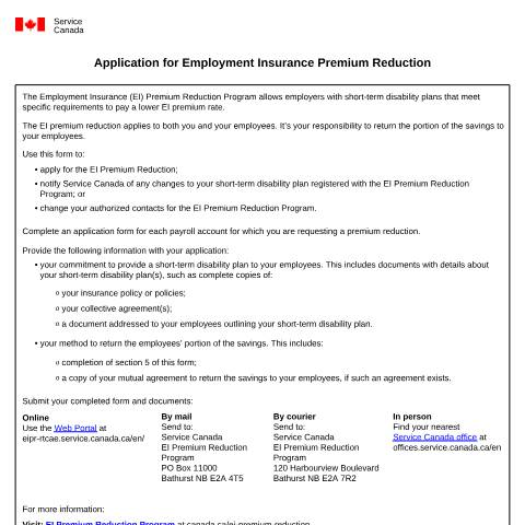 Document preview: Application for Employment Insurance Premium Reduction — Employment Insurance Premium Reduction, Canada (CERFA n°NAS5022)