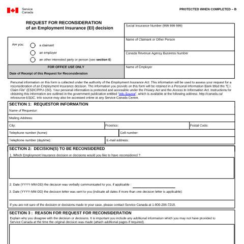Document preview: Request for Reconsideration of an Employment Insurance (EI) decision — Employment Insurance, Canada (CERFA n°INS5210)