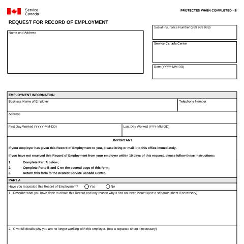 Document preview: Request for Record of Employment — Employment Insurance, Canada (CERFA n°INS3166)
