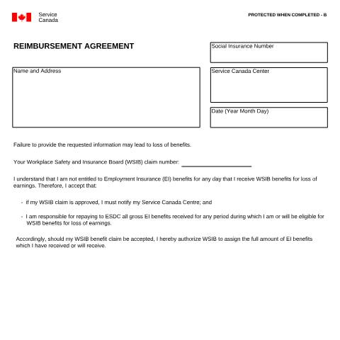 Document preview: REIMBURSEMENT AGREEMENT — Employment Insurance, Canada (CERFA n°INS5249)