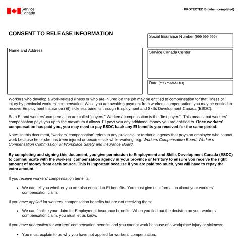 Document preview: CONSENT TO RELEASE INFORMATION — Employment Insurance, Canada (CERFA n°INS5246)