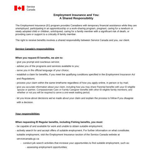 Document preview: Rights and Responsibilities - Employment Insurance and You - A Shared Responsibility — Employment Insurance, Canada (CERFA n°INS3366)
