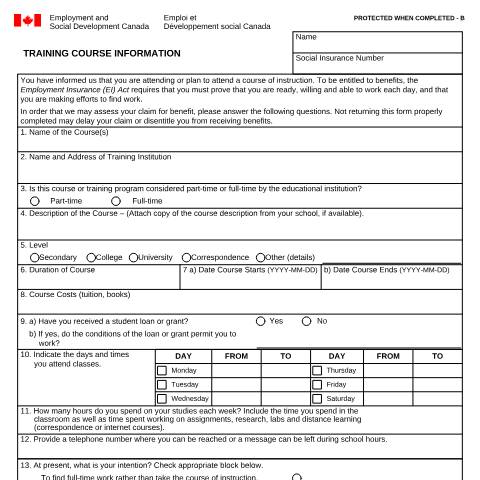 Document preview: Training Course Information — Employment Insurance, Canada (CERFA n°INS3141)
