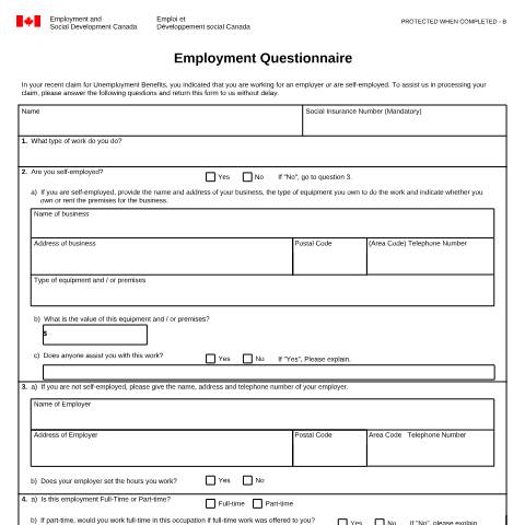 Document preview: Employment Questionnaire — Employment Insurance, Canada (CERFA n°INS3977)