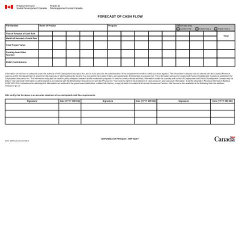 Document preview: Forecast of Cashflow — Employment and Social Development Canada, Canada (CERFA n°EMP5216)