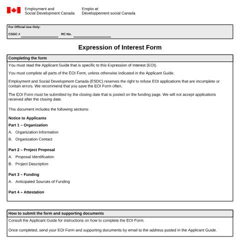 Document preview: Expression of Interest Form — Employment and Social Development Canada, Canada (CERFA n°EMP5687)
