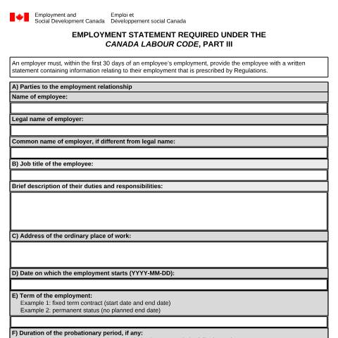 Document preview: Employment statement required under the Canada Labour Code, Part III — Labour, Canada (CERFA n°LAB1210)