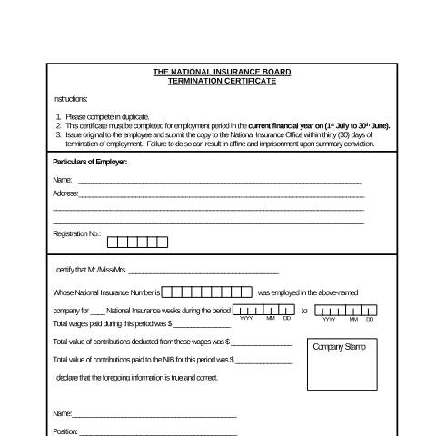 Document preview: term cert — Form, Trinidad & Tobago (CERFA n°term cert)