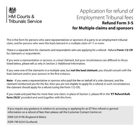 Document preview: Apply for a refund for employment tribunal fees for multiple claims and sponsors: Form 3S — HM Courts & Tribunals Service, United Kingdom