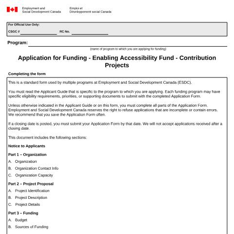 Document preview: Application for Funding – Enabling Accessibility Fund – Contribution Projects — Employment and Social Development Canada, Canada (CERFA n°EMP5681)