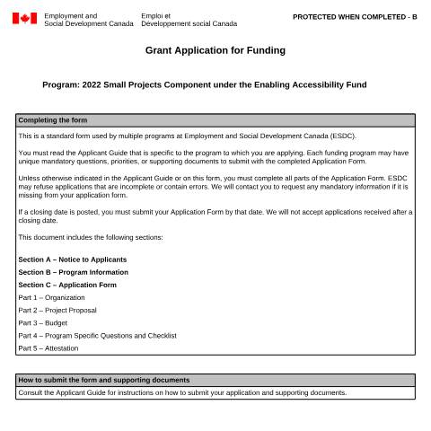 Document preview: Grant Application for Funding – Enabling Accessibility Fund (EAF) – Small Projects Component — Employment and Social Development Canada, Canada (CERFA n°EMP5670)