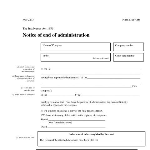 Document preview: Give notice of the end of administration (2.32B(CH)) — Companies House, United Kingdom