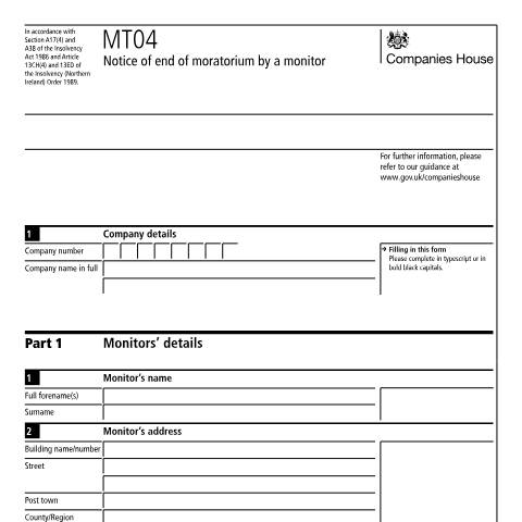 Document preview: End of moratorium by a monitor (MT04) — Companies House, United Kingdom