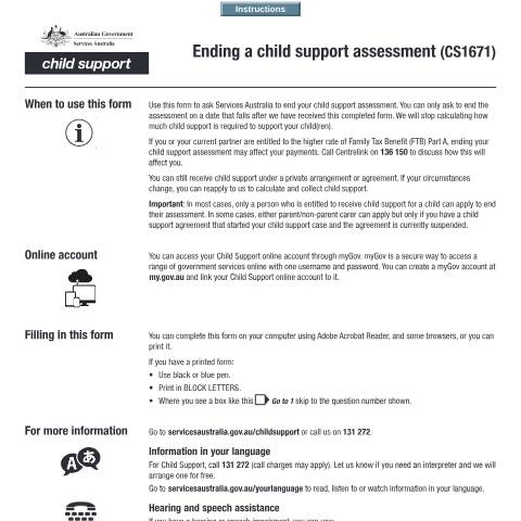 Document preview: Ending a child support assessment — Services Australia — Individuals (by code), Australia (CERFA n°CS1671)