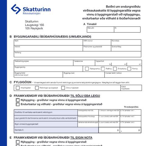 Document preview: Beiðni um endurgreiðslu virðisaukaskatts til byggingaraðila vegna vinnu á byggingarstað við nýbyggingu, endurbætur eða viðhald á íbúðarhúsnæði. — Einstaklingar, Ísland (CERFA n°RSK 10.17)