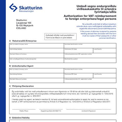 Document preview: Authorization for VAT reimbursement to foreign enterprises. — Forms, Ísland (CERFA n°RSK 10.36)