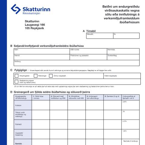 Document preview: Beiðni um endurgreiðslu virðisaukaskatts vegna sölu á verksmiðjuframleiddum íbúðarhúsum. — Einstaklingar, Ísland (CERFA n°RSK 10.16)