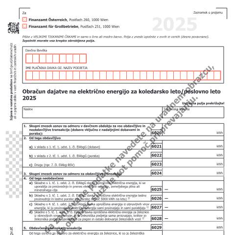 Dokumentvorschau: ELA1-SL — Obračun dajatve na električno energijo za koledarsko leto/poslovno leto 2025 — Steuern, Österreich (CERFA n°ELA1-SL)