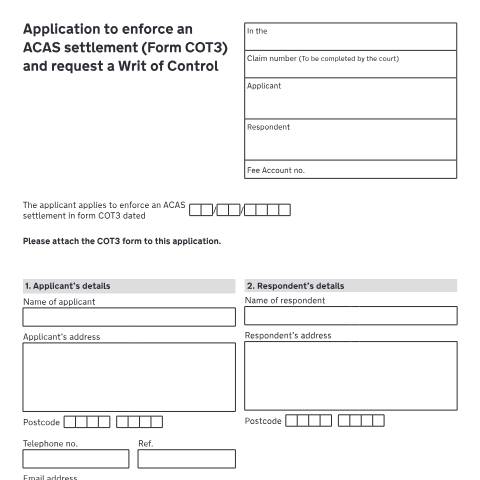 Document preview: Apply to enforce an Acas settlement and request a writ of control: Form N471A — HM Courts & Tribunals Service, United Kingdom